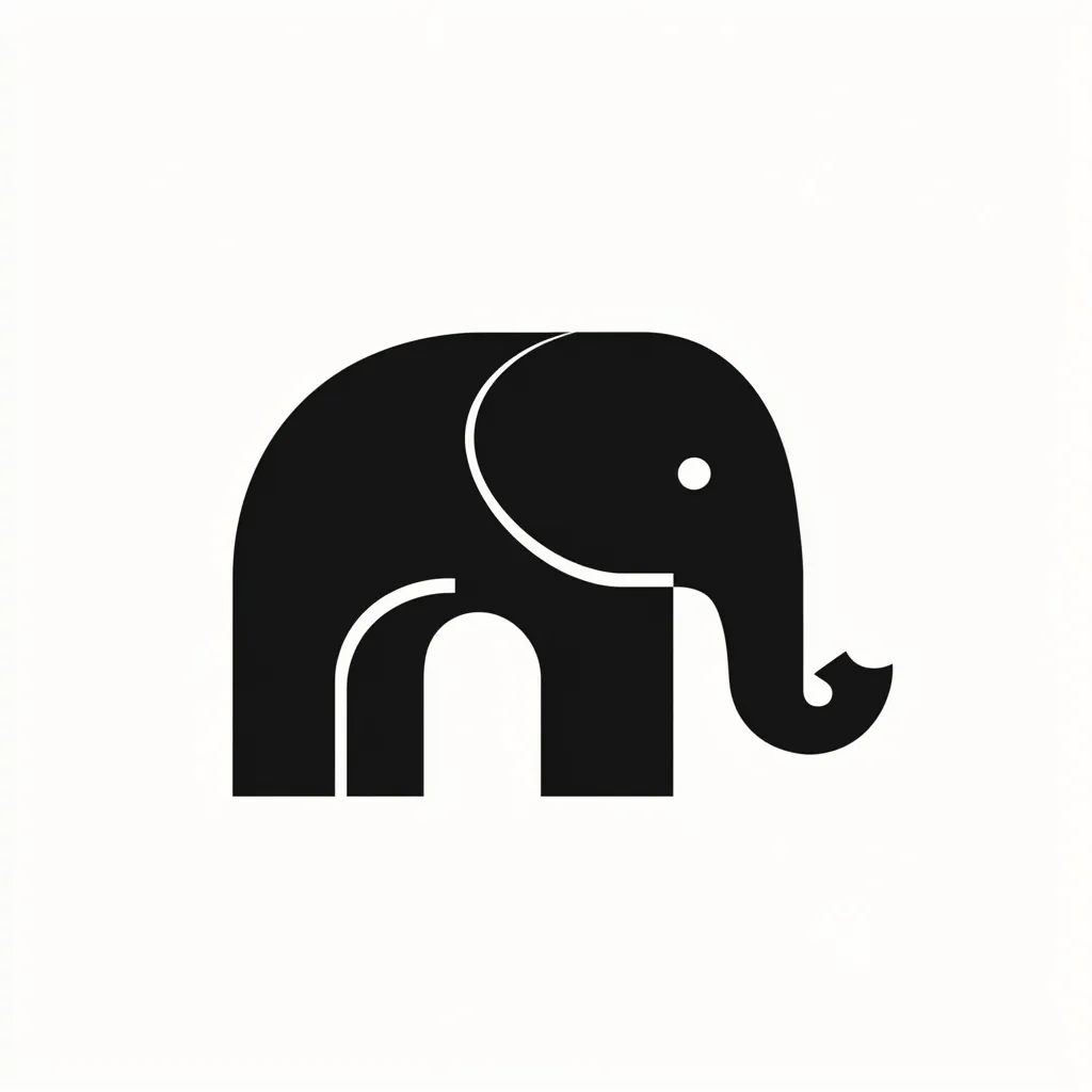 The image is a minimalist black and white illustration of an elephant.  The elephant is depicted in a simplified, almost geometric style.  Its form is solid black against a white background.  The design is clean and modern, suggesting strength and simplicity. The elephant's trunk is slightly curled upwards.