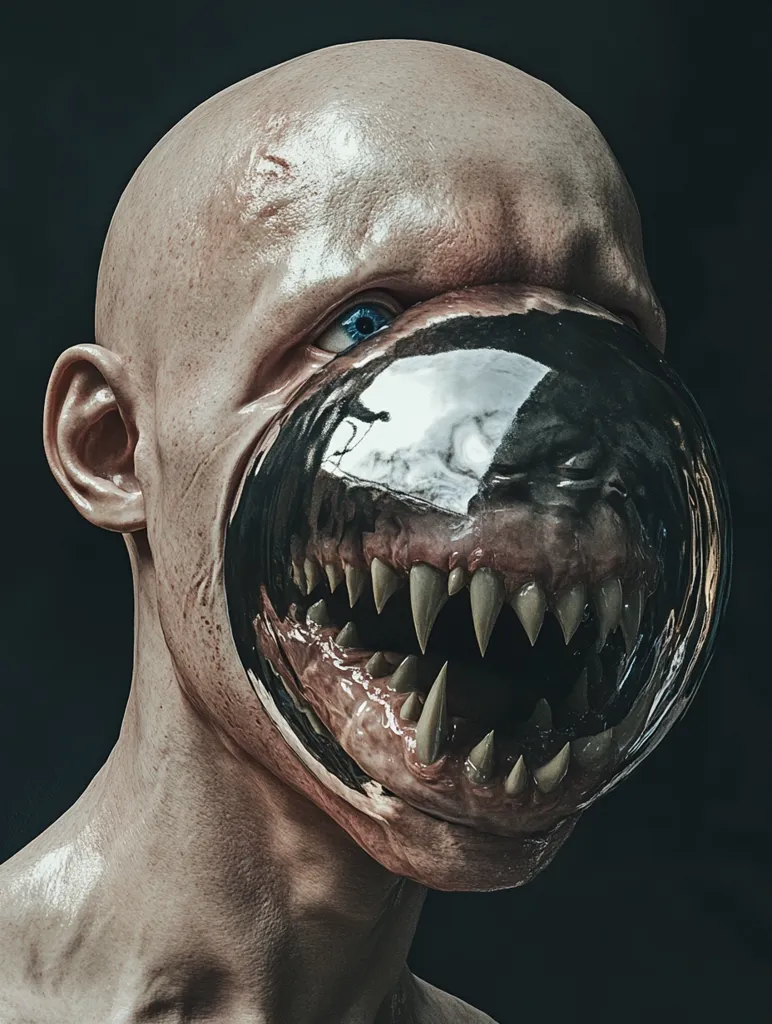 A digital rendering depicts a horrifying bald humanoid figure.  Its pale skin is stretched taut, revealing a grotesque, fleshy mouth hidden behind a transparent bubble.  Sharp, pointed teeth protrude from within the bubble, contrasting sharply with one visible blue eye. The overall effect is unsettling and disturbing, creating a nightmarish aesthetic.