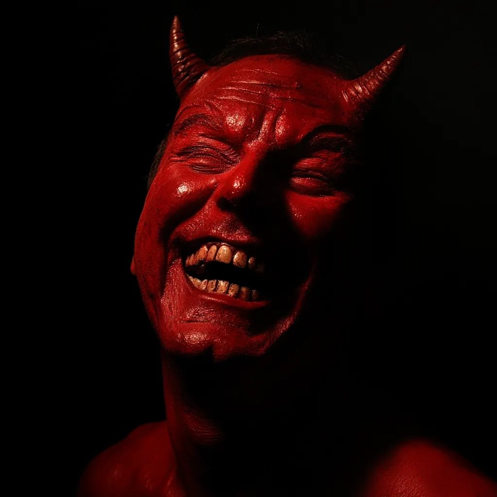 A close-up shot reveals a man with red devil horns and face paint, his eyes closed in a wide, joyful laugh.  The dark background accentuates the vibrant red of his skin and the stark contrast of his exposed teeth.  The image evokes a theatrical or artistic interpretation of a devilish character, possibly for Halloween or a similar themed event. The focus is on his expressive face and the intense emotion.