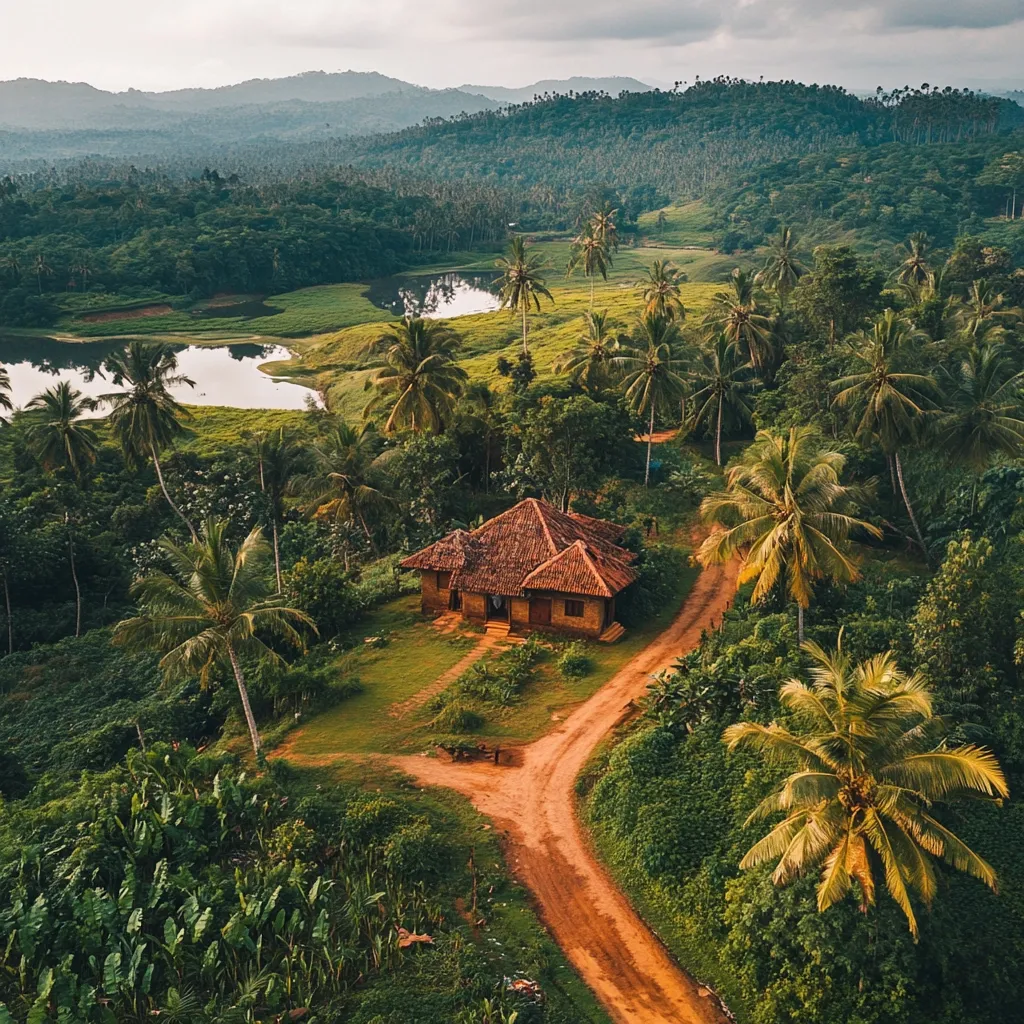 An aerial view showcases a tranquil scene: a rustic, brown-roofed house nestled amidst lush greenery.  Palm trees dot the landscape, surrounding a calm body of water.  Rolling hills covered in dense forest form a picturesque backdrop under a soft, cloudy sky.  A dirt road winds through the scene, leading to the secluded house. The overall impression is one of serene beauty and remote seclusion.