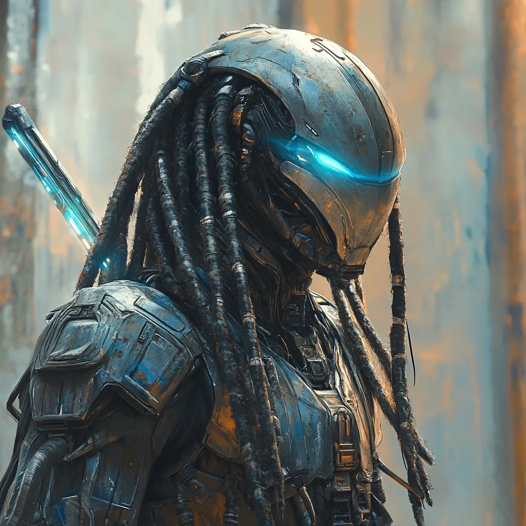 A futuristic warrior, clad in dark, weathered armor, stands with a glowing blue katana.  Long, dark dreadlocks cascade down from beneath their helmet, which features glowing blue accents. The background suggests a desolate, possibly post-apocalyptic setting. The image evokes a sense of mystery and power.