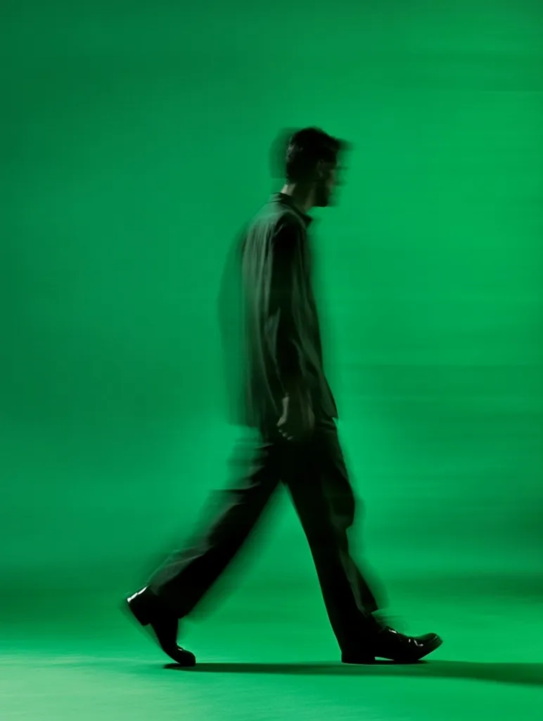 A blurred image shows a man walking across a bright green background. He is wearing dark clothing, and his form is slightly out of focus, suggesting movement. The green backdrop is uniformly lit, providing a stark contrast to the dark figure.  The overall effect is one of motion and anonymity.