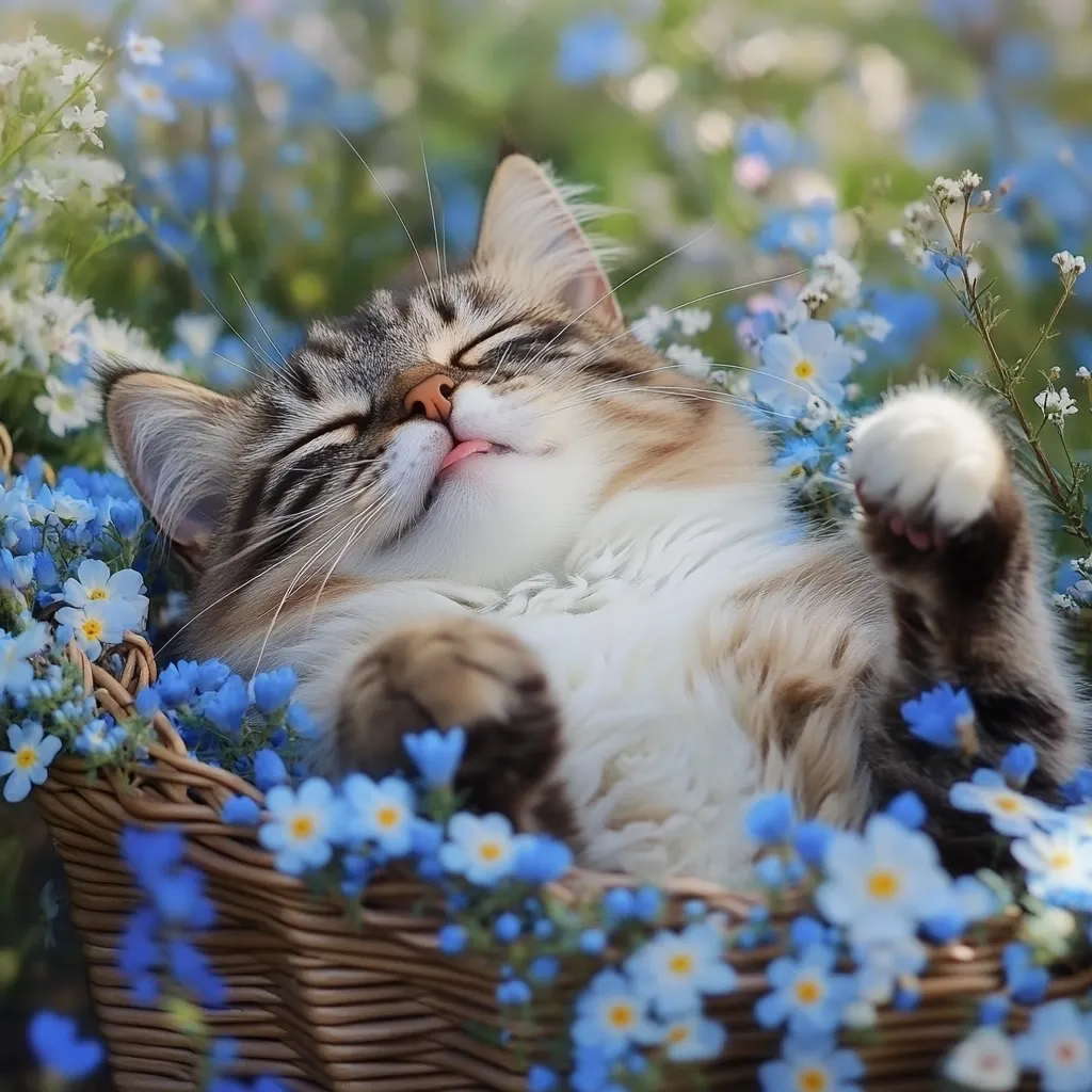 A fluffy gray and white kitten naps contentedly in a wicker basket overflowing with vibrant blue forget-me-nots.  Its eyes are closed, tongue slightly protruding in a blissful expression.  The soft sunlight illuminates the scene, creating a charming and peaceful image. The kitten appears completely relaxed amidst the flowers.
