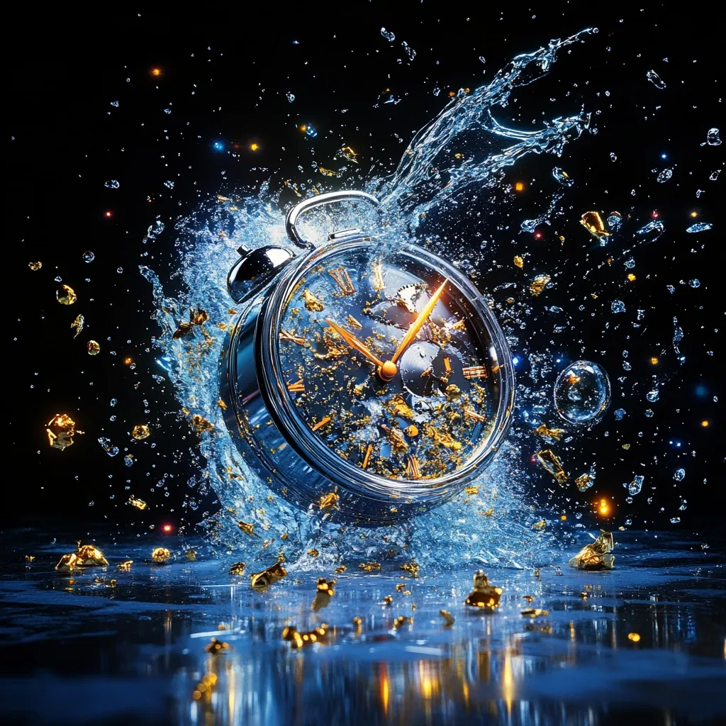 A silver alarm clock, submerged in a splash of water, is depicted against a black background.  Golden flecks are scattered around the clock and in the water, creating a dramatic and visually stunning image. The water droplets and splashes freeze the moment, suggesting a sense of urgency and the fleeting nature of time. The overall effect is one of opulent chaos and frozen motion.