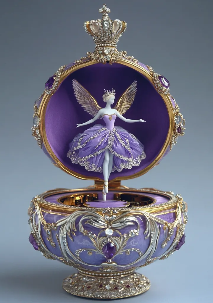 A jeweled egg-shaped music box, adorned with gold and purple accents, opens to reveal a porcelain ballerina with wings.  The ballerina, in a lavender tutu embellished with tiny crystals, is poised mid-dance.  The egg is crowned with a miniature jeweled crown, adding to its regal and ornate design.  The overall effect is one of exquisite craftsmanship and delicate beauty.