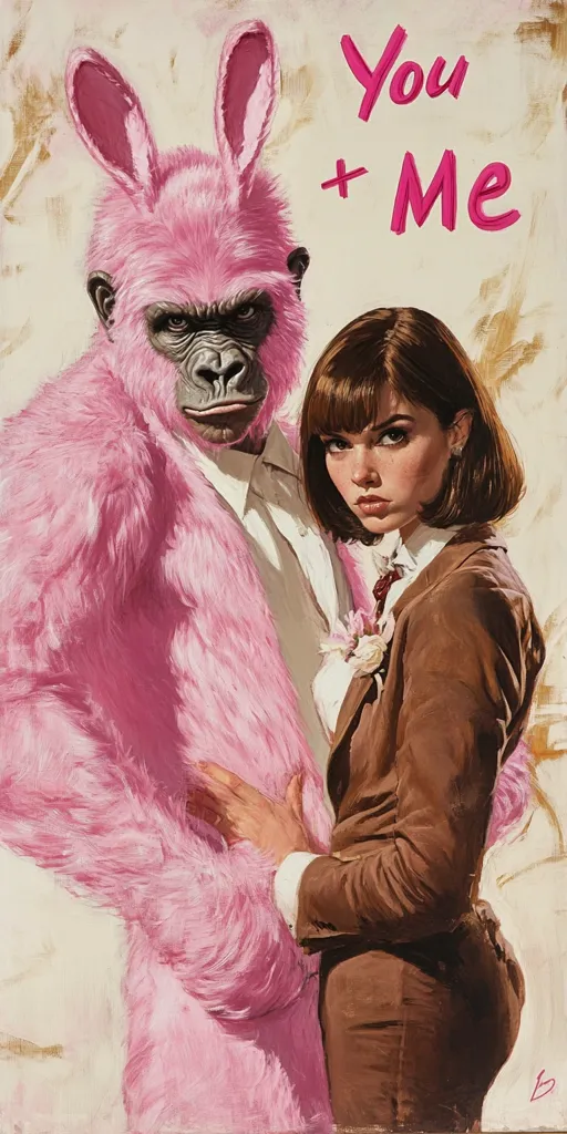 A painting depicts a woman embracing a gorilla wearing a pink bunny suit.  The woman has brown hair and is dressed in a brown suit.  The gorilla is fluffy and pink,  with a serious expression. The words "You + Me" are written in pink above them, suggesting a romantic or humorous Valentine's Day theme. The style is realistic with a touch of surrealism.