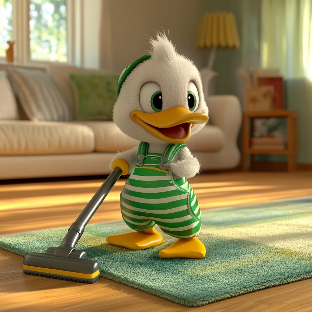 A cute, fluffy duckling wearing green overalls operates a small vacuum cleaner on a teal rug in a sunlit living room.  The duckling's expression is cheerful, and the scene is rendered in a 3D style, conveying a sense of playfulness and domesticity.  The overall atmosphere is warm and inviting.