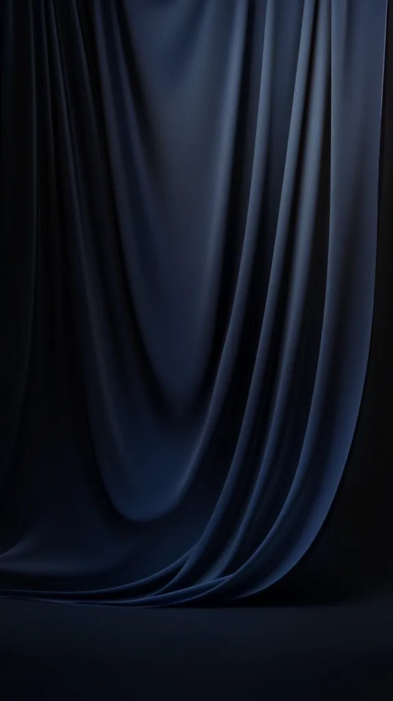 A dark navy blue fabric drapes and pools on a matching surface. The heavy, luxurious material is subtly lit, emphasizing the folds and texture.  The image evokes a sense of mystery and elegance, suitable for a backdrop or product display. The smooth curves of the fabric create a visually appealing, minimalist composition.