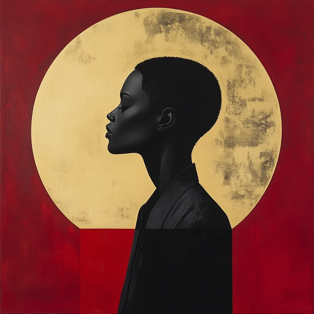 A stylized portrait of a Black woman in profile against a backdrop of red and gold.  Her short hair and serene expression are rendered in dark tones, contrasting sharply with the bright gold circle behind her, which resembles a sun or moon.  The composition is bold and minimalist, creating a powerful and contemplative image.  The red background enhances the overall drama and intensity.