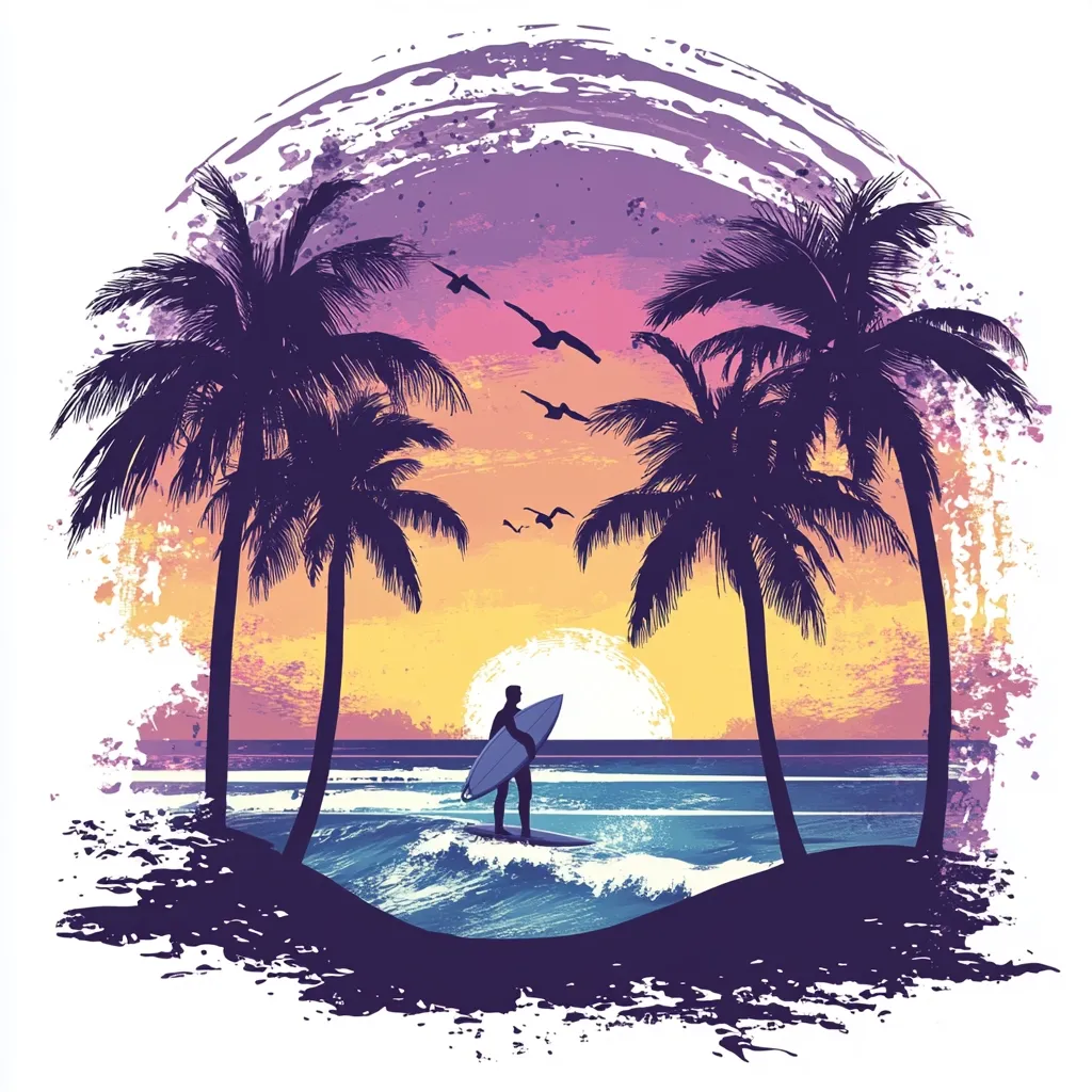 A surfer silhouetted against a vibrant sunset stands on his board in gentle waves, framed by two majestic palm trees on a tropical beach.  Birds fly overhead in a painted, grunge-style artwork, creating a serene and idyllic beach scene. The colors are rich and warm, evoking a feeling of tranquility and escape.