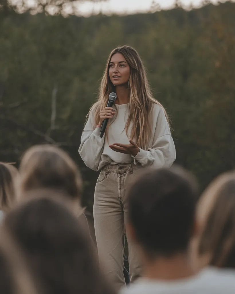 A young woman with long blonde hair stands before a crowd, holding a microphone. She's wearing a cream-colored sweater and light beige pants, her expression focused and engaging. The backdrop is a blurred green forest, suggesting an outdoor setting.  The audience is out of focus, emphasizing the speaker.  The overall mood is serene and attentive.