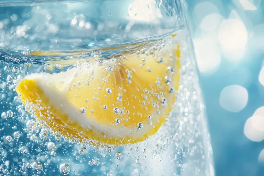 A close-up shot reveals a lemon wedge submerged in sparkling water.  Bubbles cling to the lemon's surface and rise through the liquid. The glass is partially visible, showcasing the effervescence. The background is a blurred, light blue bokeh effect, emphasizing the refreshing qualities of the drink.  The image is bright and clean, highlighting the vibrant yellow of the lemon against the clear water.