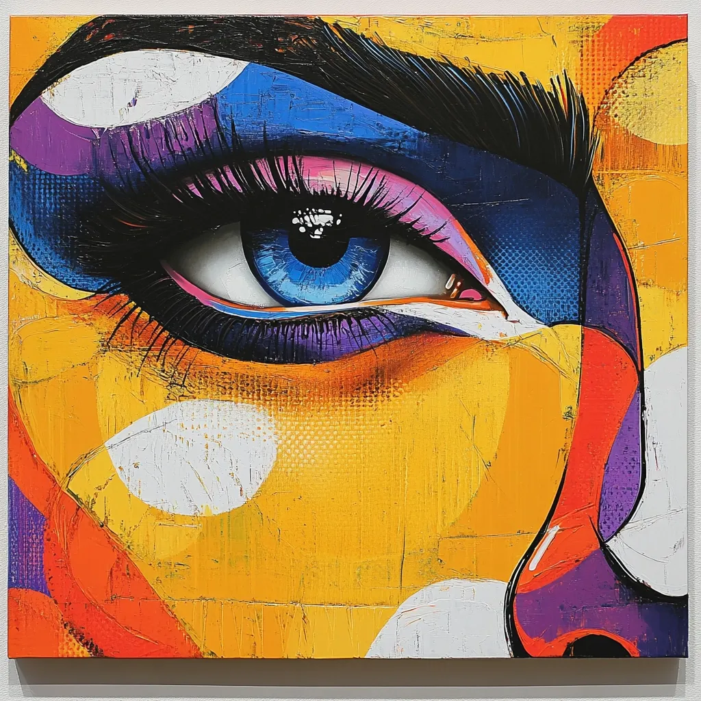 A vibrant, close-up painting of a woman's eye.  Bold colors—blues, purples, oranges, and yellows—create a striking contrast.  The style is expressive and textural, with visible brushstrokes and a mix of graffiti-like elements and painterly techniques.  The eye is the focal point, large and captivating against the dynamic background. The overall impression is bold, energetic, and modern.