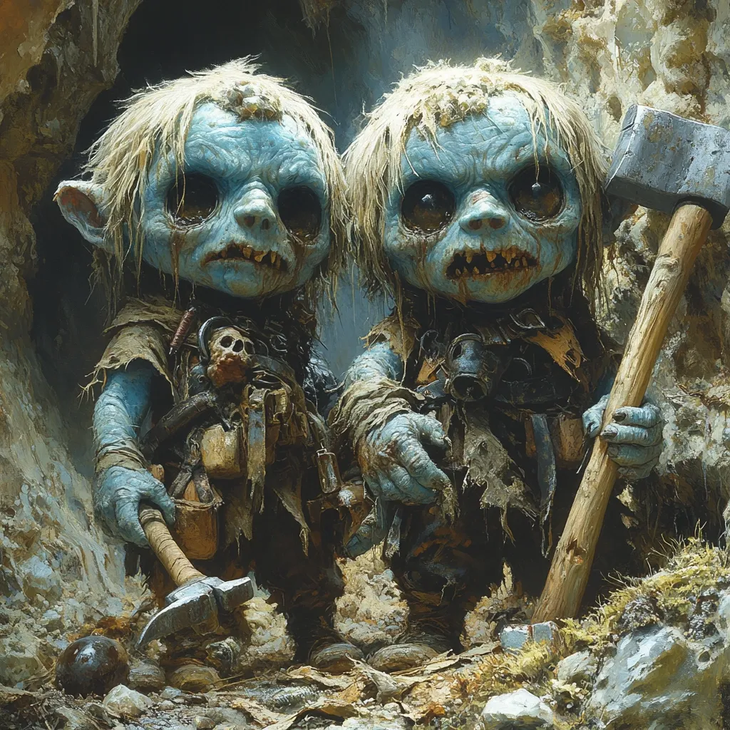 Two grotesque, blue-skinned goblin-like creatures stand in a dark cave.  They are small and weathered, with tattered clothing and large, expressive eyes.  Each carries a heavy hammer, and their attire suggests a scavenging lifestyle.  The overall tone is dark and gritty, emphasizing their rough appearance and unsettling presence.  A skull is visible in one creature's possessions.