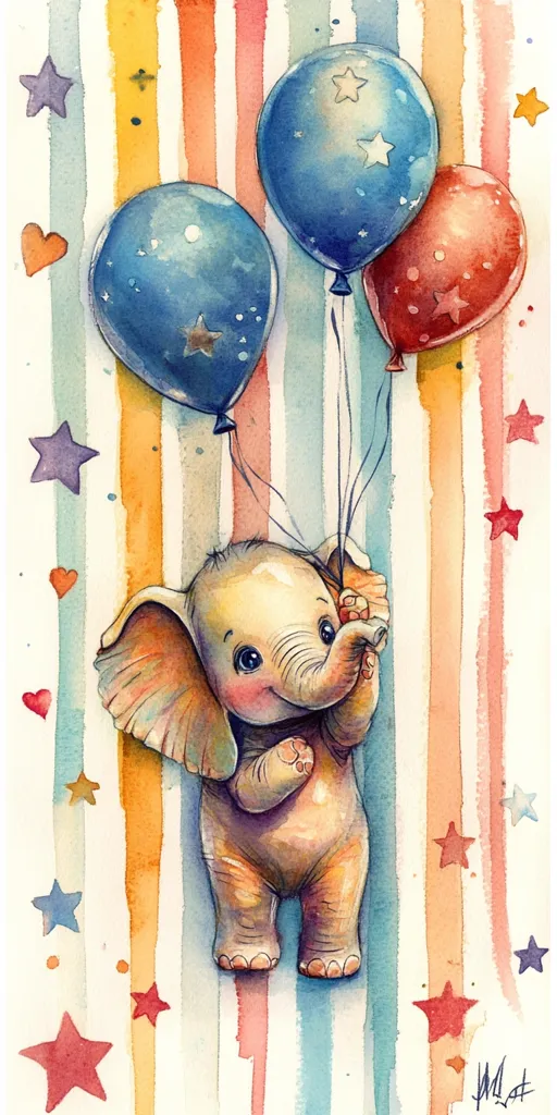 A charming watercolor painting depicts a baby elephant joyfully holding onto three colorful balloons. The balloons, in shades of blue and red, are adorned with stars. The elephant, rendered with soft hues, stands against a backdrop of pastel vertical stripes, interspersed with stars and hearts. The overall style is whimsical and endearing, evoking a sense of childlike wonder and adventure.