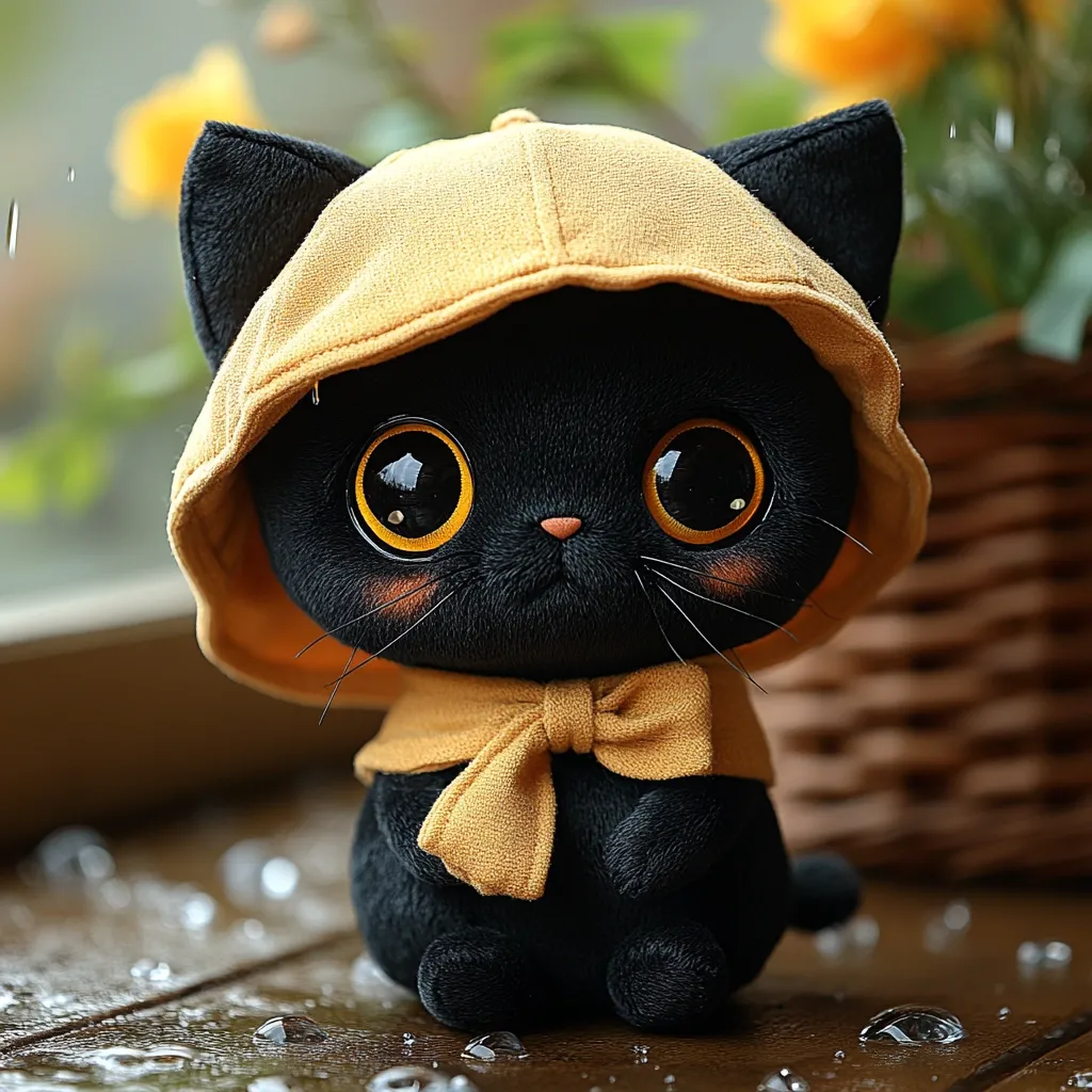 A charming black plush cat toy, with large, expressive golden eyes, is the focal point.  It's adorably dressed in a mustard-yellow hooded raincoat and matching scarf, sitting on a dark wooden surface speckled with raindrops.  A blurred background features yellow flowers and a wicker basket, enhancing the cozy, whimsical scene.