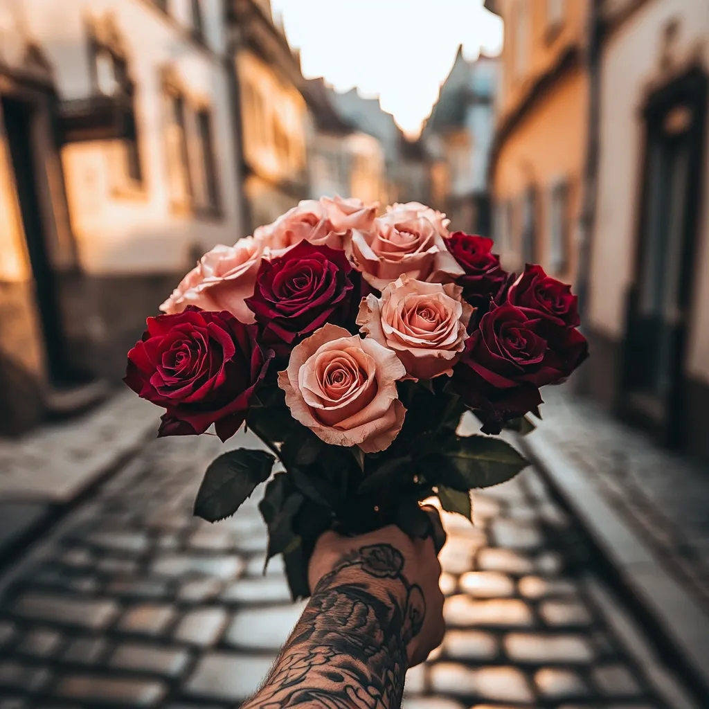 A hand with a tattooed arm offers a bouquet of roses.  The roses are a mix of deep burgundy and soft blush pink, creating a romantic contrast.  The background is a blurred, cobblestone street in a European city, adding a charming and atmospheric context to the scene.  The warm lighting suggests a sunset or golden hour.