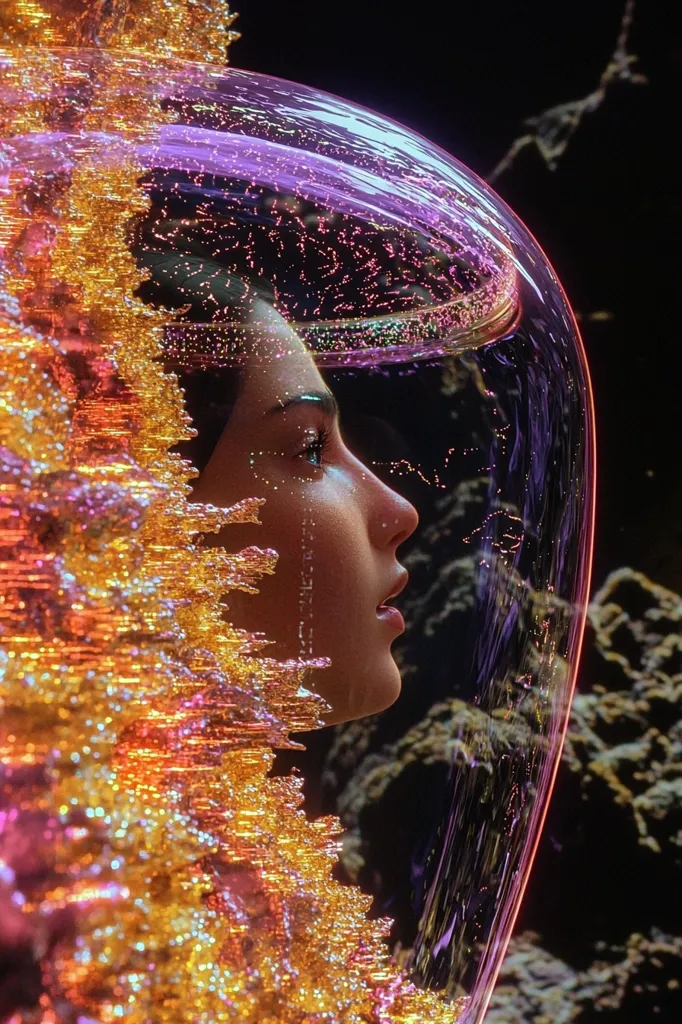 A digital art piece depicts a woman's profile within a translucent, bubble-like helmet.  Her face is serene, illuminated by an ethereal glow. The helmet's surface reflects a nebula-like pattern.  She is adorned with a shimmering, gold and orange textured garment that resembles crystalline formations, creating a striking contrast against the dark background. The overall aesthetic is otherworldly and fantastical.