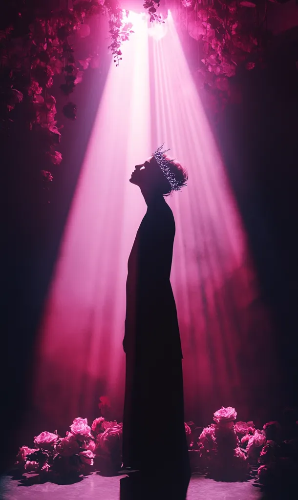 A silhouetted figure, crowned and robed, stands bathed in a dramatic pink light.  Rays stream down from an unseen source above, illuminating the subject amidst a profusion of pink roses on the ground and hanging overhead. The overall effect is one of ethereal beauty and regal mystery.