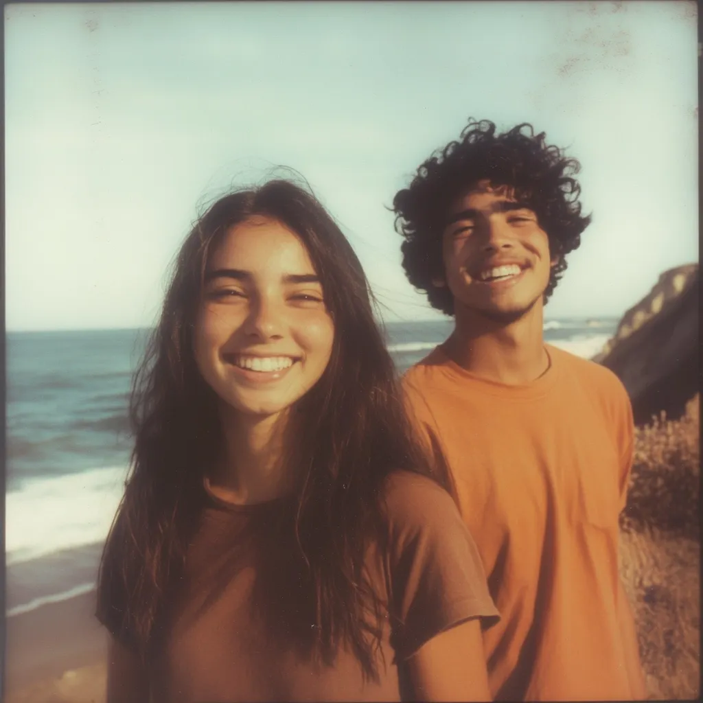 A young couple smiles brightly at the camera, standing on a cliff overlooking a wavy ocean. The woman, with long brown hair, wears a brown t-shirt.  The man, with curly brown hair, sports an orange t-shirt.  The photo has a vintage, warm-toned filter, evoking a nostalgic summer feel.  The bright sunlight enhances their happiness and the scenic coastal backdrop.