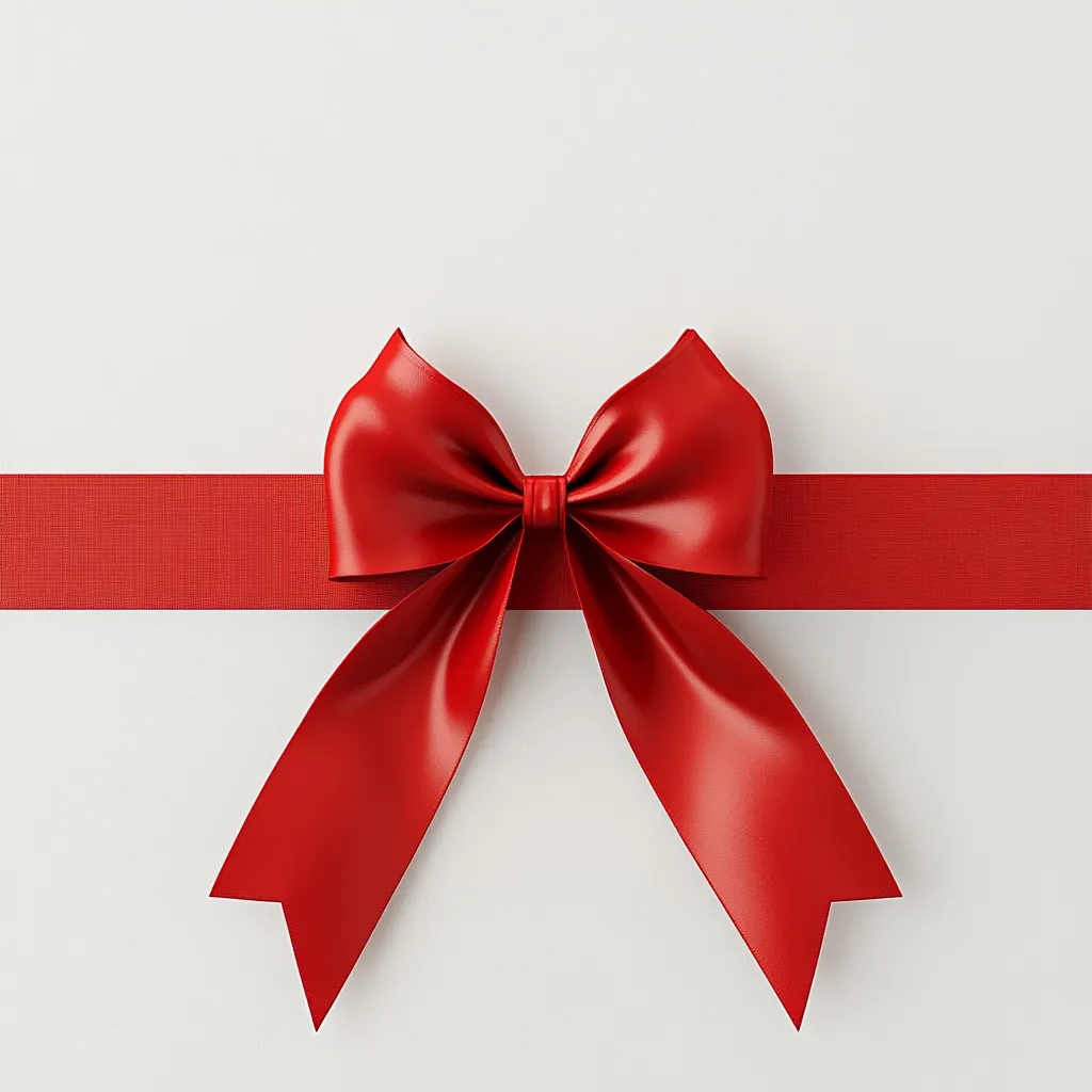 A large, glossy red ribbon bow is centered on a white background.  The bow is tied neatly in the middle of a horizontal red ribbon. The image is simple and clean, focusing on the vibrant color and sleek texture of the bow, creating a festive and elegant visual.  The contrast between the red and white is striking.