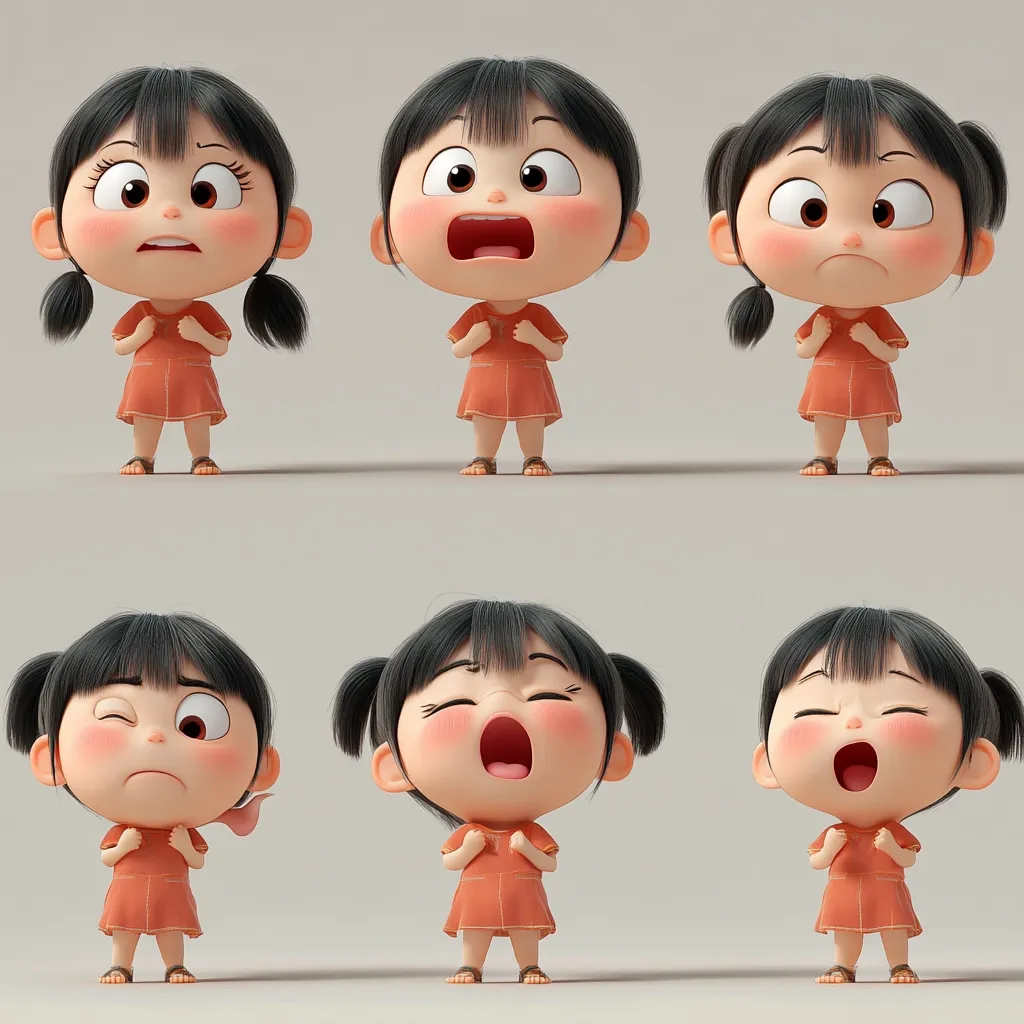 Six adorable 3D-rendered cartoon girls, each displaying a different emotion.  They are all short with large heads, dark hair in pigtails, and wearing short orange dresses.  The expressions range from surprised and worried to yawning and slightly sad, showcasing a variety of cute and relatable feelings.