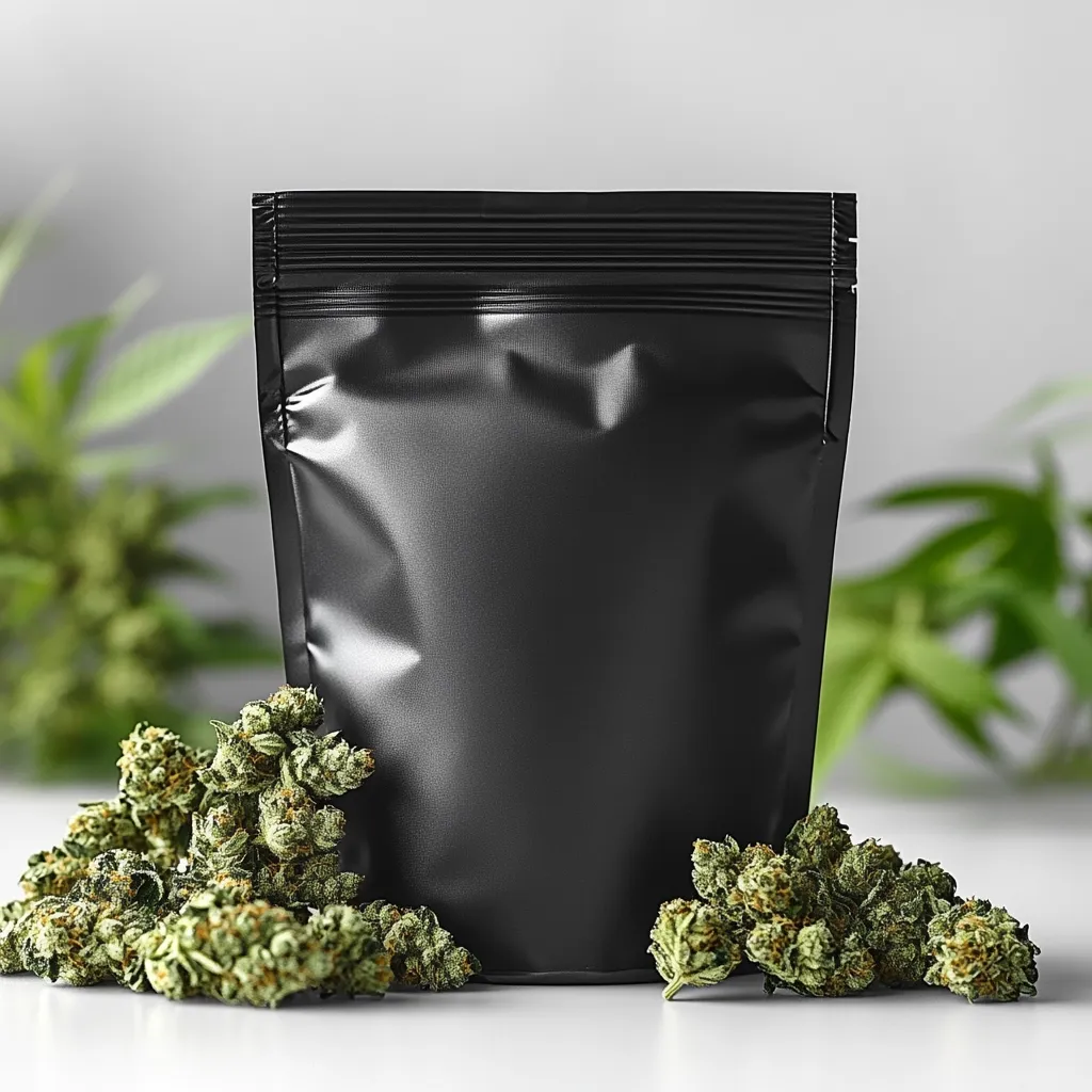A black, stand-up pouch sits center frame against a blurred background of marijuana plants.  The pouch is blank, providing space for branding or labeling.  Small buds of cannabis are arranged on either side of the pouch on a light-colored surface. The image suggests packaging for cannabis products.