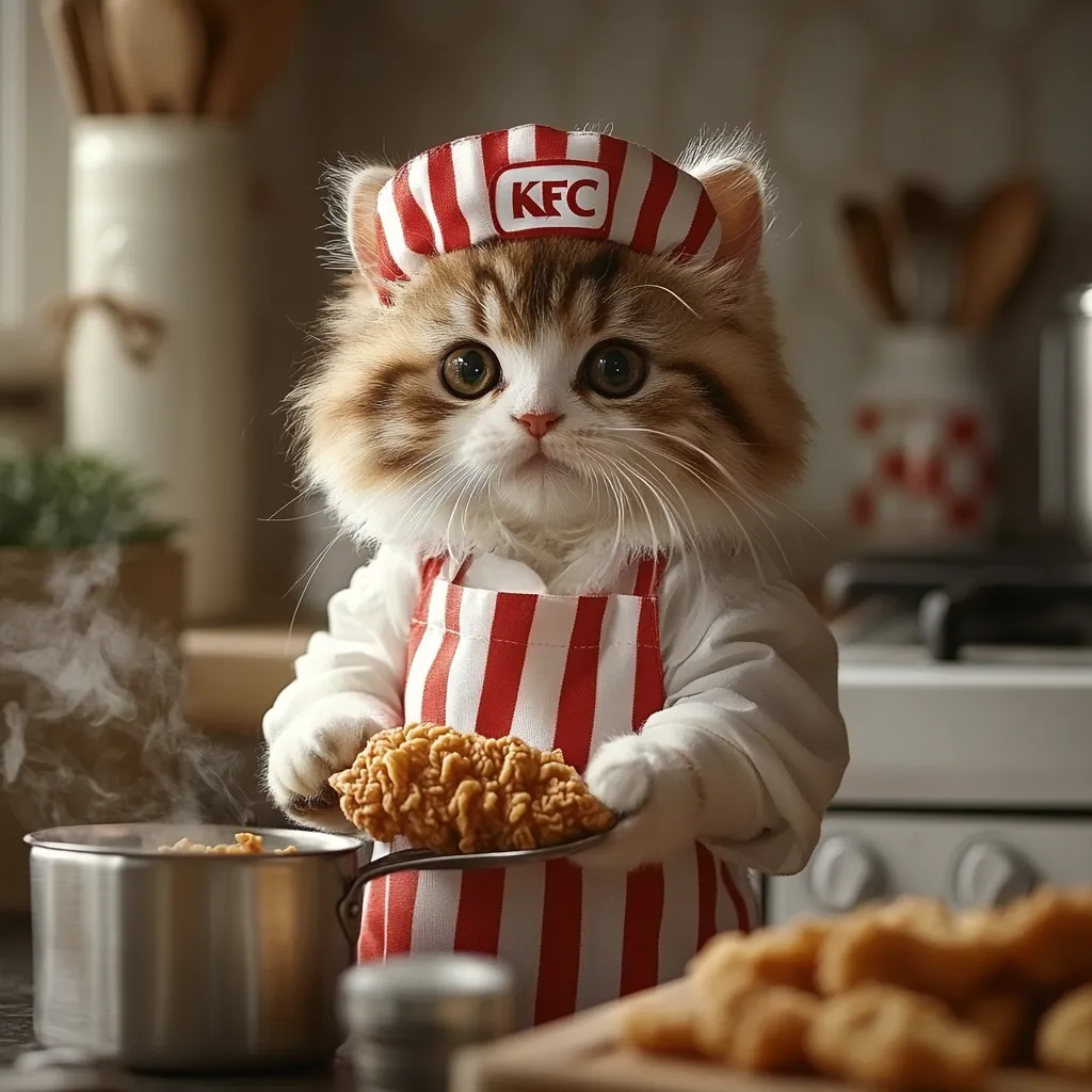 A fluffy cat, dressed in a miniature KFC chef's uniform, holds a piece of fried chicken.  The cat, with large expressive eyes, stands in a kitchen setting near a steaming pot and a plate of additional fried chicken. The overall image is playful and charming, suggesting a whimsical advertising concept.