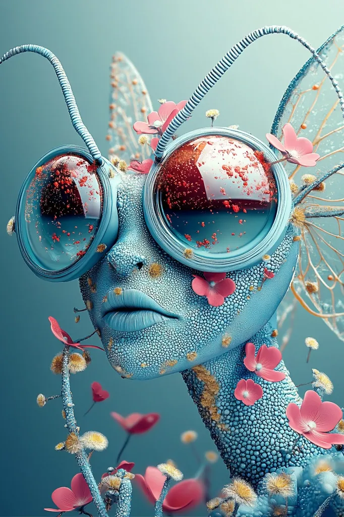 A surreal digital artwork depicts a light-blue, textured female face adorned with large, round goggles.  Delicate, pink flowers sprout from the face and form antennae-like structures.  The background is a soft teal, contrasting with the vibrant pink blossoms. The overall aesthetic is otherworldly and blends organic and mechanical elements.