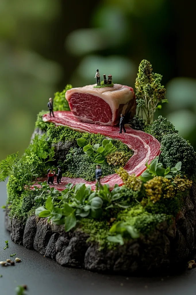 A miniature scene is crafted on a bed of vibrant green moss, meticulously arranged around a succulent cut of red meat.  Tiny figurines of people are scattered along a path winding through the mossy landscape, adding a whimsical touch. The meat forms a central peak, creating a unique and artistic food presentation.  The overall effect is both playful and visually stunning.