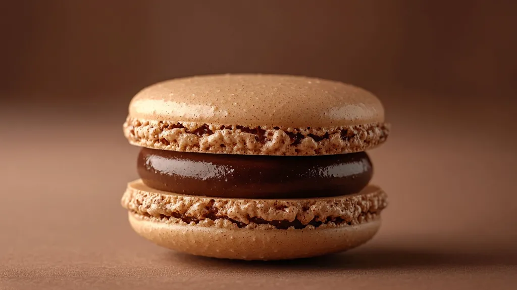A delectable chocolate macaron is presented, showcasing two delicate, light brown meringue cookies sandwiching a rich, dark chocolate ganache filling.  The macaron rests on a subtly textured brown surface, creating a visually appealing contrast of textures and shades of brown. The image focuses on the exquisite detail of the pastry, emphasizing its refined appearance.