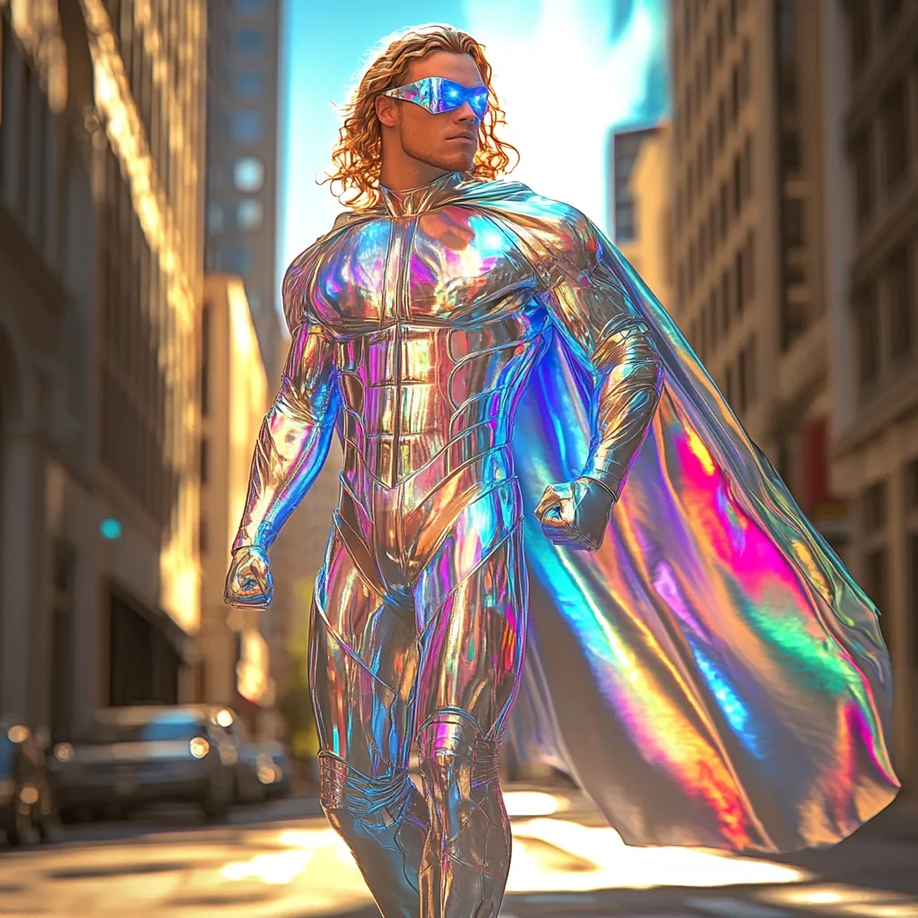 A futuristic superhero, clad in iridescent, chrome-like armor, stands defiantly on a city street.  His long blonde hair flows behind him, partially obscured by a flowing, prismatic cape that shimmers with an oil slick effect.  He wears futuristic blue goggles, and his powerful stance conveys a sense of readiness and strength.  The urban backdrop enhances the contrast between the hero's otherworldly attire and the mundane reality of the city.