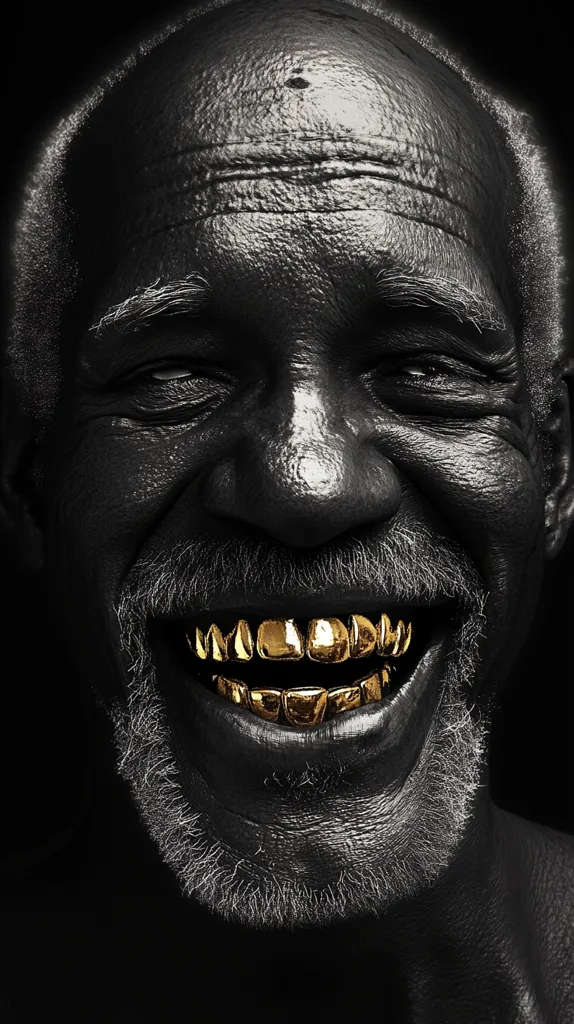 A close-up shot of an older man's face, his skin rendered entirely black except for a white goatee.  He displays a wide, joyful grin, revealing a full set of gleaming gold teeth. The image is stark, high contrast, and dramatic, focusing on the juxtaposition of the dark skin and the bright gold.  The overall effect is striking and memorable.