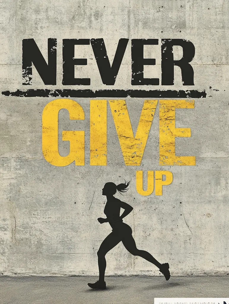 A motivational poster features the words "NEVER GIVE UP" stenciled onto a concrete wall.  "Never" is in black, while "Give" is in bold yellow, with "Up" in smaller yellow lettering.  A silhouette of a female runner is positioned below the text, emphasizing perseverance and determination. The image promotes a positive and resilient mindset.