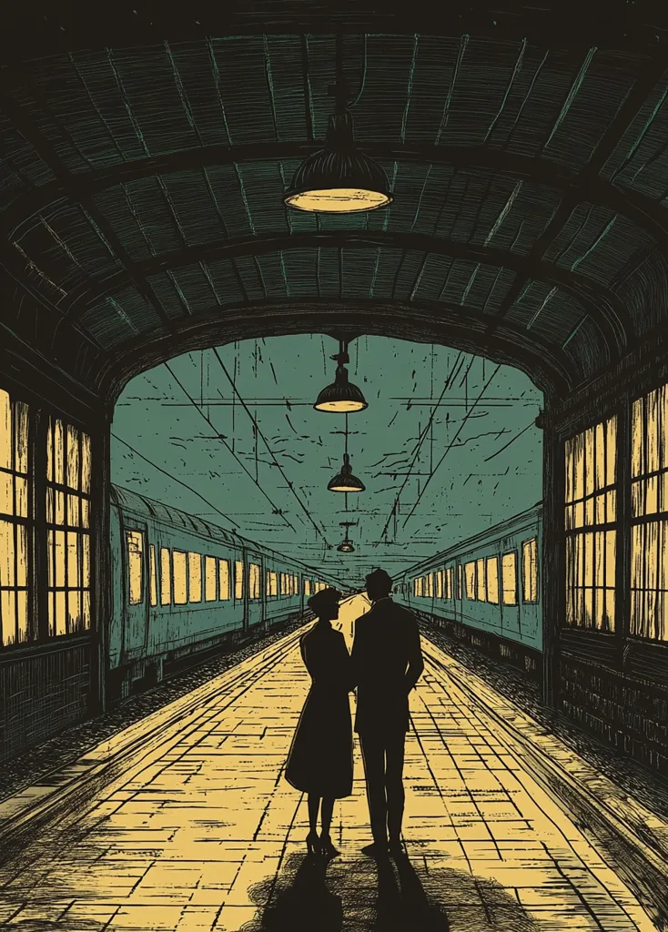 A stylized illustration depicts a man and woman standing on a train platform, silhouetted against a long, teal train.  The architectural details of the station's arched ceiling and hanging lamps are prominent.  The scene is rendered in a vintage style with muted greens and yellows, creating a nostalgic, romantic atmosphere.  The couple's posture suggests anticipation or farewell.