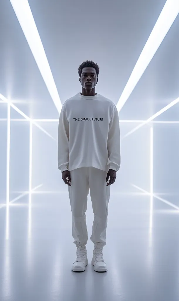A Black man stands in a minimalist, brightly lit white room. He wears an off-white crewneck sweatshirt with "THE GRACE FUTURE" embroidered on the chest, matching pants, and white high-top sneakers.  The clean lines of his outfit and the stark, modern setting create a futuristic aesthetic.