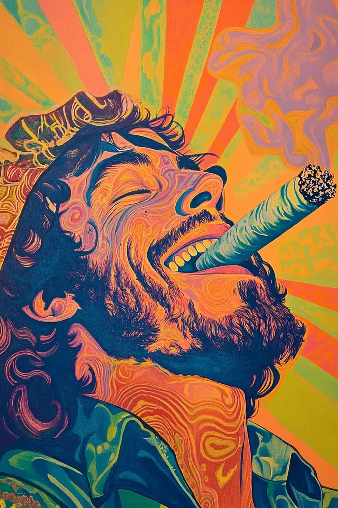 A vibrant, psychedelic portrait of a man with a beard, enjoying a large cigar.  His face is rendered in swirling, multicolored patterns of orange, teal, and purple, creating a trippy, almost hallucinatory effect. The background is a radiating sunburst of similar colors, enhancing the overall intense and energetic mood of the artwork.  The style is reminiscent of 1960s counterculture art.