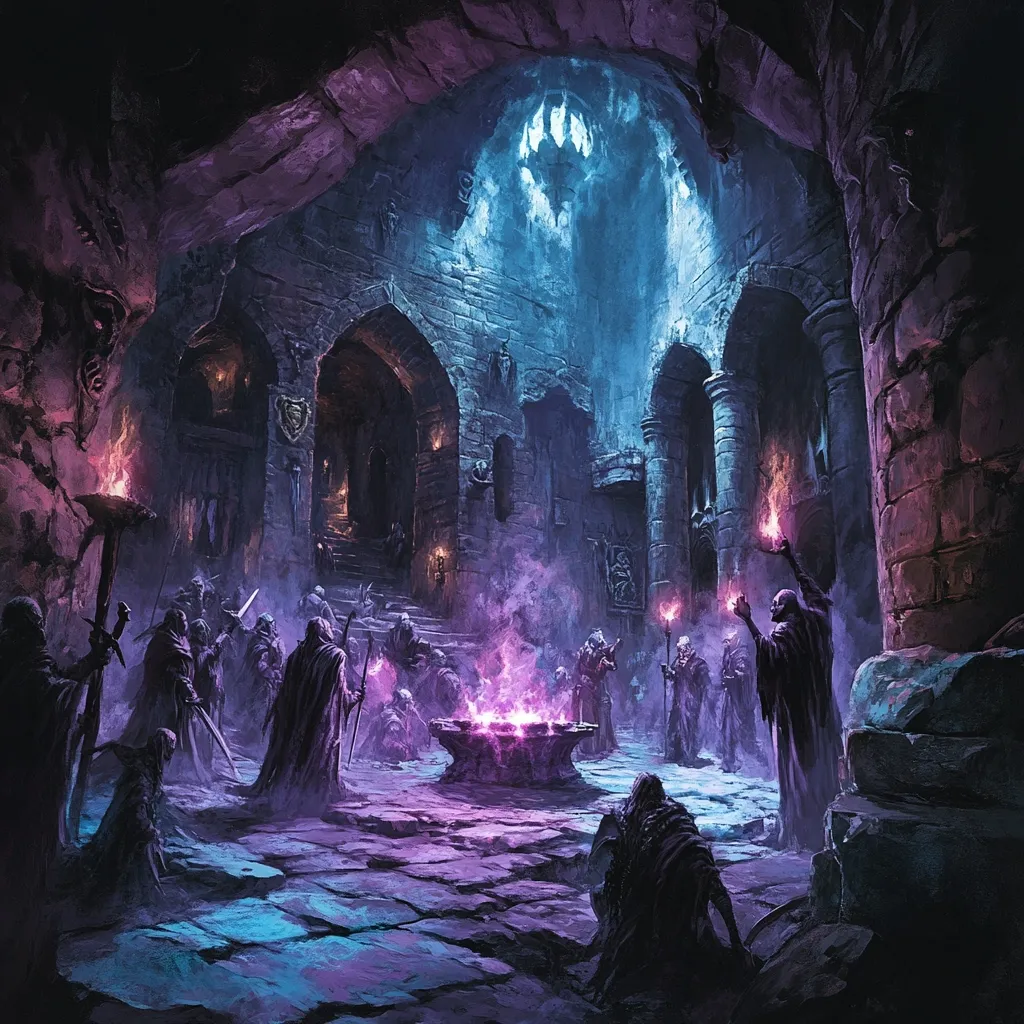A dimly lit cavernous hall, possibly a dungeon or temple, is filled with cloaked figures gathered around a burning brazier.  Torches cast an eerie purple and blue glow on the stone walls and arched doorways.  The figures appear to be engaged in some ritual or ceremony, their faces obscured by shadows and hoods. A large, ominous shape is visible on the ceiling above the main entrance.  The atmosphere is mysterious and foreboding.