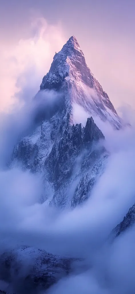 A majestic snow-capped mountain peak pierces a veil of ethereal clouds under a soft purple sky.  The rugged, rocky terrain is partially obscured by swirling mist, creating a sense of mystery and awe. The scene evokes a feeling of serene isolation and the immense power of nature.  The peak appears sharp and imposing, a testament to the enduring strength of the mountains.