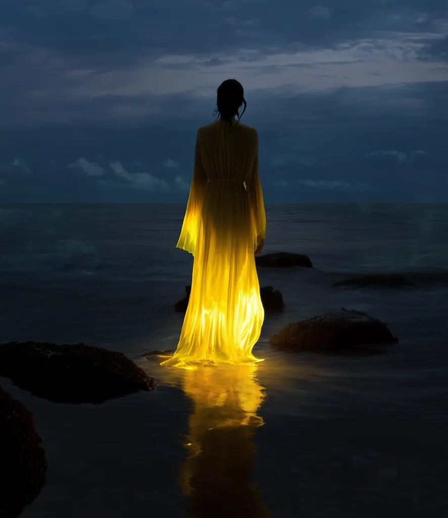 A lone figure, clad in a luminous yellow gown, stands at the edge of a dark, tranquil sea under a twilight sky.  The dress glows with an ethereal light, its folds rippling subtly in the water. The woman's back is to the viewer, her silhouette stark against the darkening horizon.  Rocks dot the shoreline, adding to the mysterious and serene atmosphere.