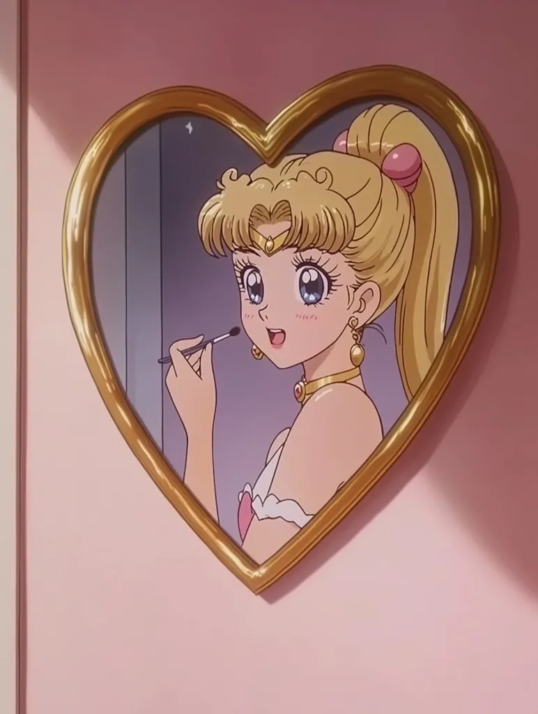 A heart-shaped golden frame adorns a pastel pink wall, showcasing an anime girl with blonde hair styled in a high ponytail.  She's depicted applying makeup, her large eyes and gentle expression exuding a sweet and dreamy aesthetic. The overall style is reminiscent of classic 90s anime, creating a nostalgic and charming image.