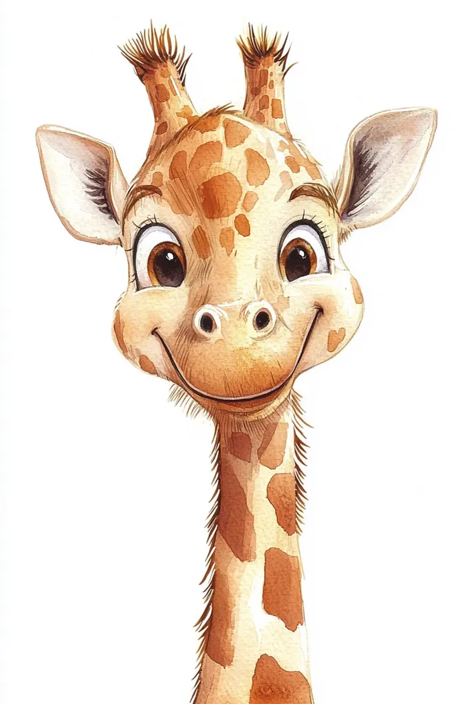 A watercolor painting of a cute, cartoonish giraffe's head and neck.  The giraffe has large, expressive eyes, a wide, friendly smile, and distinctive brown and tan spots. Its ears are large and slightly pointed. The style is whimsical and childlike, perfect for children's illustrations or artwork.  The background is plain white, focusing all attention on the adorable giraffe.