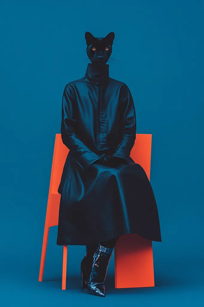 A surreal image depicts a black panther's head seamlessly merged onto a human body.  The figure, dressed in a long, dark leather coat, sits on a vibrant orange chair against a deep blue backdrop. The contrast of colors and the unusual juxtaposition create a striking, artistic effect.  The model's dark boots complete the monochromatic look.