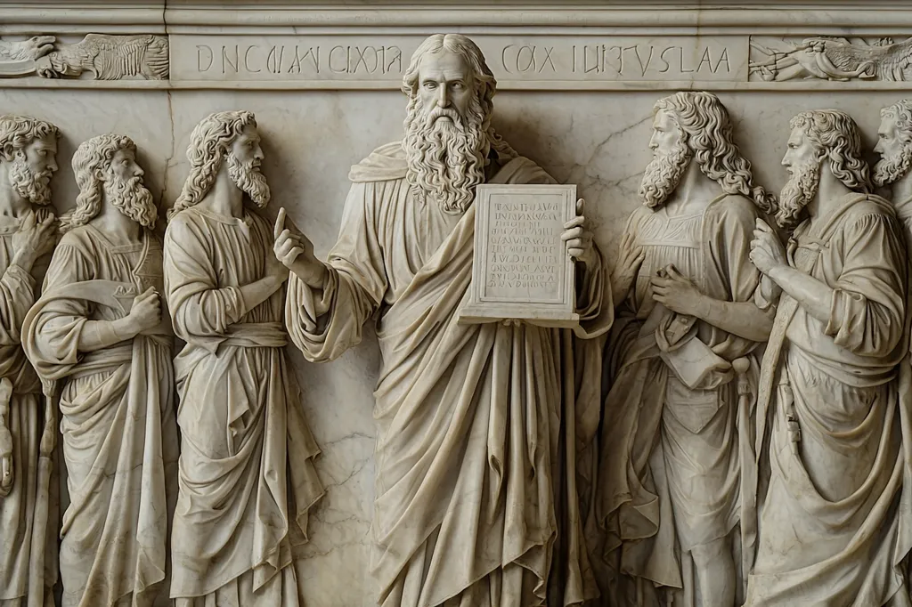 A detailed marble relief depicts a central figure, possibly Moses, holding a tablet inscribed with text, surrounded by other figures in flowing robes.  The style is classical, with intricate detailing in the drapery and facial features.  The inscription above suggests a religious or historical context.  The scene conveys a sense of solemnity and reverence.  The high-relief sculpture is finely crafted, showcasing the artist's skill in rendering human form and texture in stone.