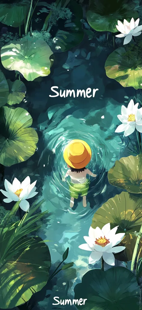 A child wearing a yellow sun hat joyfully swims in a serene pond.  Large, vibrant green lily pads float on the surface, surrounded by blooming white water lilies. The turquoise water is clear and calm, reflecting the summer sunlight. The word "Summer" appears twice, emphasizing the season's peaceful ambiance. The overall artistic style is soft and dreamlike.