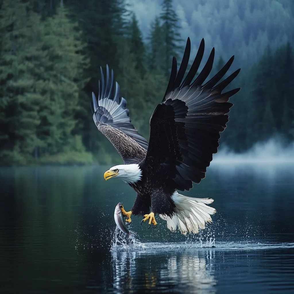 A majestic bald eagle, wings spread wide, emerges from a tranquil lake.  Its talons grasp a silvery fish, freshly caught. The eagle's powerful silhouette is dramatically contrasted against the serene, misty background of dark evergreens and calm water.  The image captures a moment of raw, natural power and beauty.