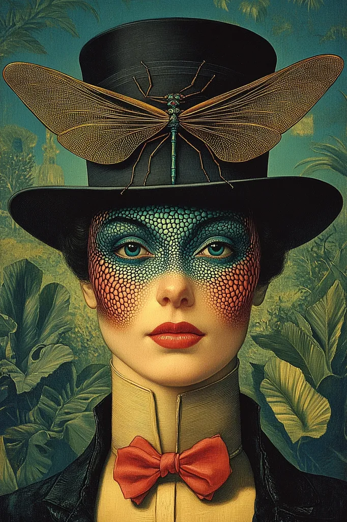 A stylized portrait of a woman wearing a top hat adorned with a large dragonfly. Her face is painted with a reptilian pattern, and she sports a coral bow tie.  The background features lush, stylized tropical foliage, creating a surreal and slightly unsettling atmosphere. The image blends elements of Victorian fashion with fantastical imagery.