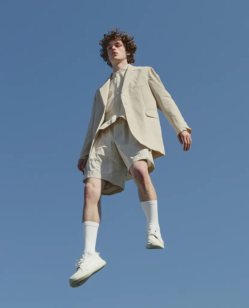A young man with curly brown hair floats against a clear blue sky. He's dressed in a light beige linen suit, consisting of a blazer and matching shorts.  White socks and sneakers complete the outfit.  The image is minimalist and stylish, with the model appearing weightless and serene. The overall aesthetic is clean and contemporary.
