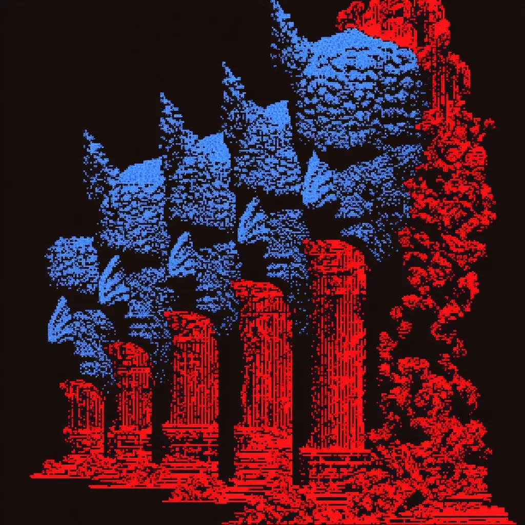 A digital artwork displays a stark contrast between blue and red.  Stylized figures, possibly demonic or mythical creatures, in blue are positioned above a row of red pillars, reminiscent of classical architecture. The red elements also form a background cloud or flame-like structure, creating a dramatic and somewhat unsettling scene. The pixelated style adds to the image's overall digital and abstract quality.
