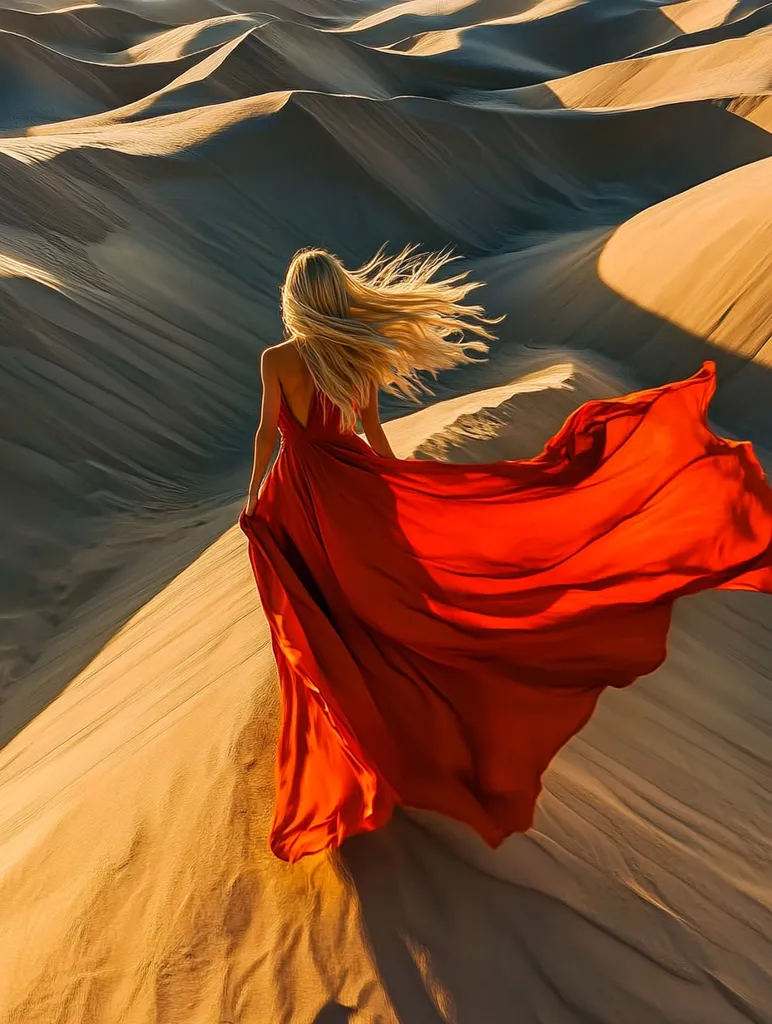 A blonde woman in a flowing red dress stands on a sand dune, her hair blowing in the wind.  The vast, undulating desert landscape stretches behind her, bathed in the warm golden light of either sunrise or sunset. The vibrant red of her dress contrasts beautifully with the soft, ochre tones of the sand. The scene evokes a sense of freedom and solitude within the breathtaking desert environment.